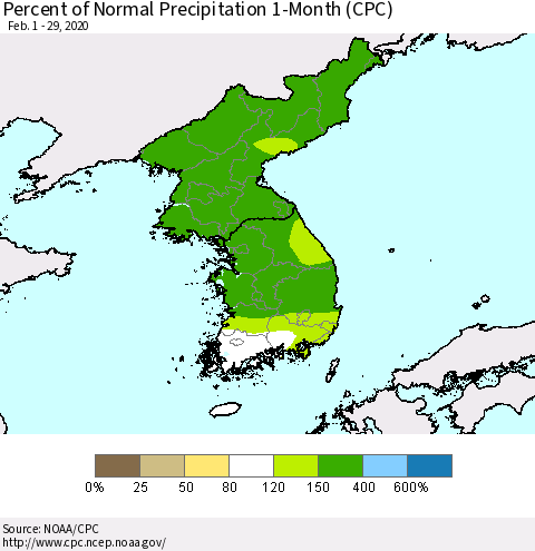 Korea Percent of Normal Precipitation 1-Month (CPC) Thematic Map For 2/1/2020 - 2/29/2020