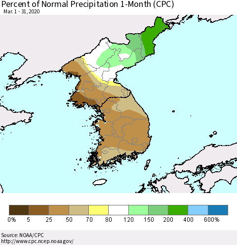 Korea Percent of Normal Precipitation 1-Month (CPC) Thematic Map For 3/1/2020 - 3/31/2020