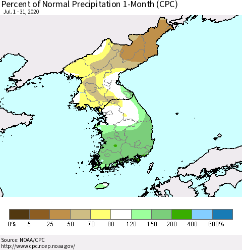 Korea Percent of Normal Precipitation 1-Month (CPC) Thematic Map For 7/1/2020 - 7/31/2020