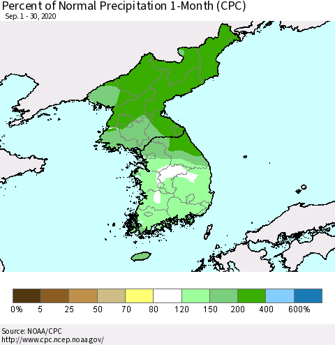 Korea Percent of Normal Precipitation 1-Month (CPC) Thematic Map For 9/1/2020 - 9/30/2020