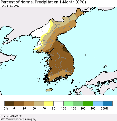 Korea Percent of Normal Precipitation 1-Month (CPC) Thematic Map For 10/1/2020 - 10/31/2020