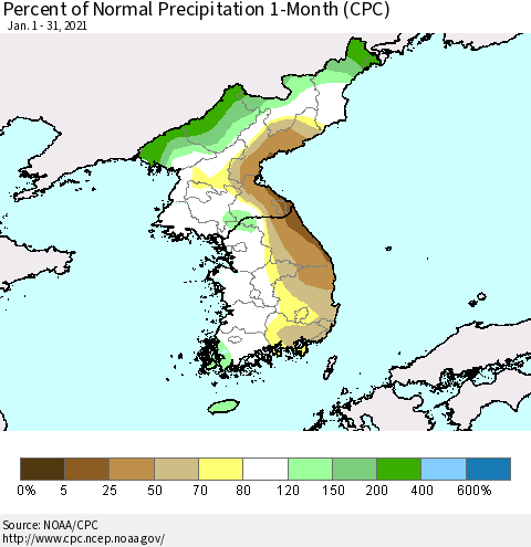 Korea Percent of Normal Precipitation 1-Month (CPC) Thematic Map For 1/1/2021 - 1/31/2021