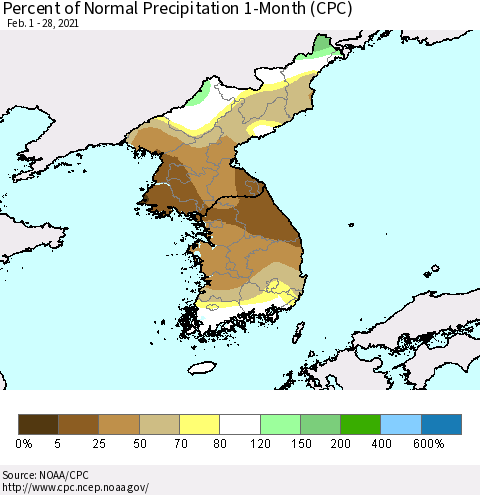 Korea Percent of Normal Precipitation 1-Month (CPC) Thematic Map For 2/1/2021 - 2/28/2021