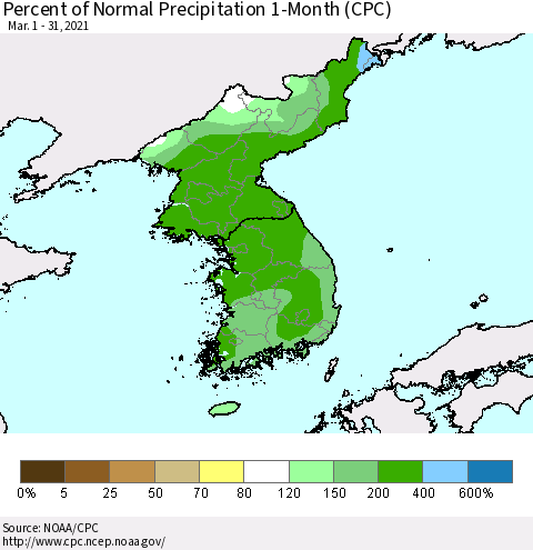 Korea Percent of Normal Precipitation 1-Month (CPC) Thematic Map For 3/1/2021 - 3/31/2021