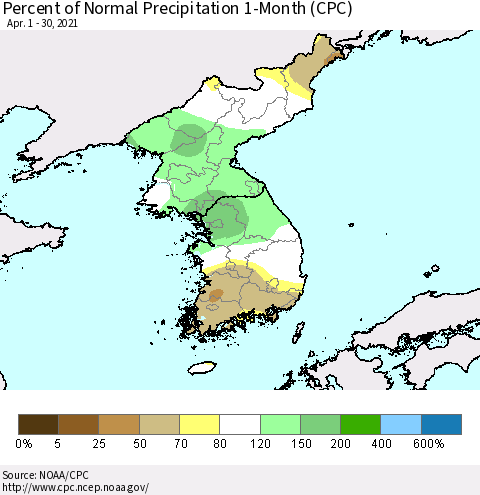 Korea Percent of Normal Precipitation 1-Month (CPC) Thematic Map For 4/1/2021 - 4/30/2021