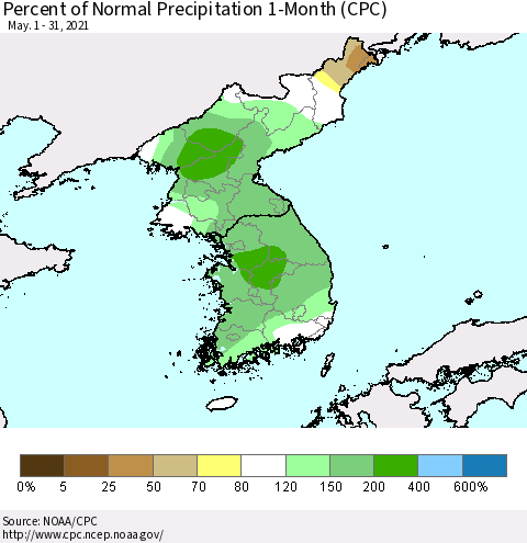 Korea Percent of Normal Precipitation 1-Month (CPC) Thematic Map For 5/1/2021 - 5/31/2021