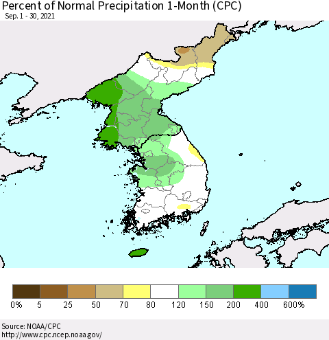 Korea Percent of Normal Precipitation 1-Month (CPC) Thematic Map For 9/1/2021 - 9/30/2021