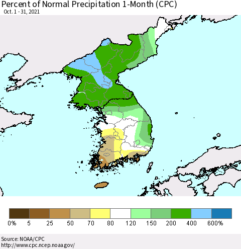Korea Percent of Normal Precipitation 1-Month (CPC) Thematic Map For 10/1/2021 - 10/31/2021