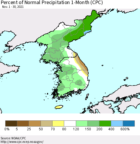 Korea Percent of Normal Precipitation 1-Month (CPC) Thematic Map For 11/1/2021 - 11/30/2021