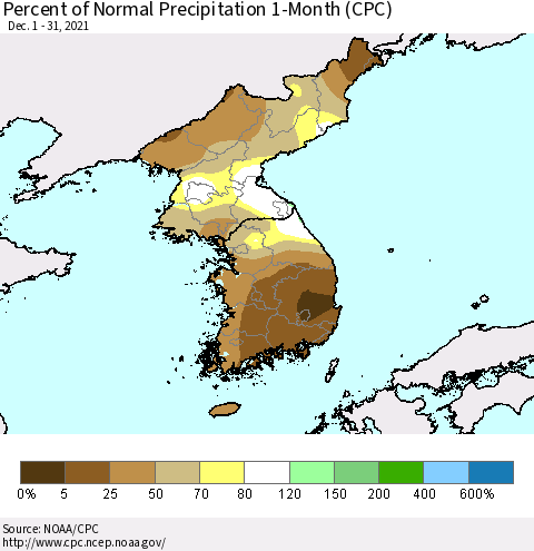 Korea Percent of Normal Precipitation 1-Month (CPC) Thematic Map For 12/1/2021 - 12/31/2021