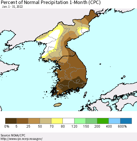 Korea Percent of Normal Precipitation 1-Month (CPC) Thematic Map For 1/1/2022 - 1/31/2022