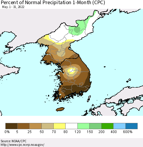 Korea Percent of Normal Precipitation 1-Month (CPC) Thematic Map For 5/1/2022 - 5/31/2022