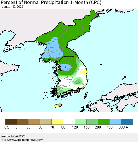 Korea Percent of Normal Precipitation 1-Month (CPC) Thematic Map For 6/1/2022 - 6/30/2022