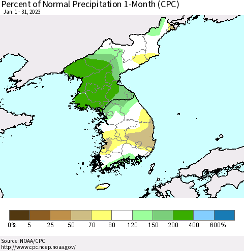 Korea Percent of Normal Precipitation 1-Month (CPC) Thematic Map For 1/1/2023 - 1/31/2023