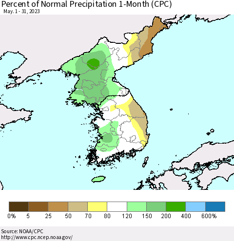 Korea Percent of Normal Precipitation 1-Month (CPC) Thematic Map For 5/1/2023 - 5/31/2023