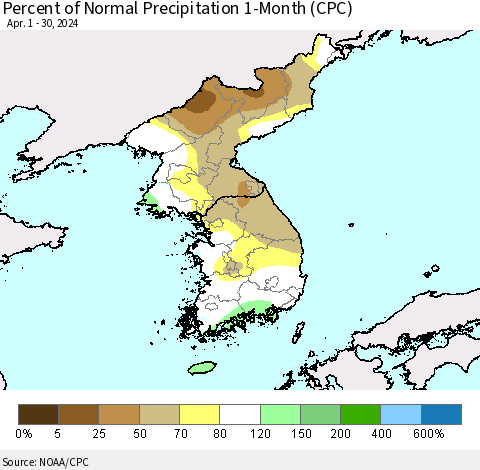 Korea Percent of Normal Precipitation 1-Month (CPC) Thematic Map For 4/1/2024 - 4/30/2024
