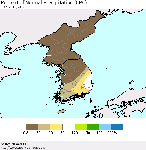 Korea Percent of Normal Precipitation (CPC) Thematic Map For 1/7/2019 - 1/13/2019