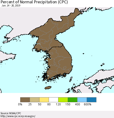Korea Percent of Normal Precipitation (CPC) Thematic Map For 1/14/2019 - 1/20/2019