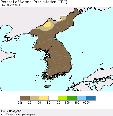 Korea Percent of Normal Precipitation (CPC) Thematic Map For 1/21/2019 - 1/27/2019