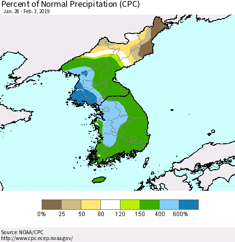 Korea Percent of Normal Precipitation (CPC) Thematic Map For 1/28/2019 - 2/3/2019