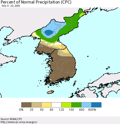 Korea Percent of Normal Precipitation (CPC) Thematic Map For 2/4/2019 - 2/10/2019