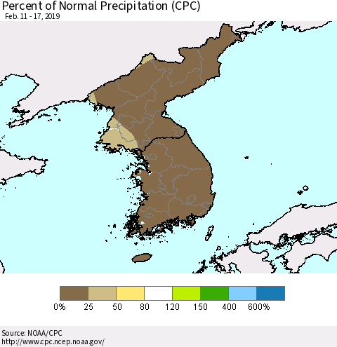 Korea Percent of Normal Precipitation (CPC) Thematic Map For 2/11/2019 - 2/17/2019