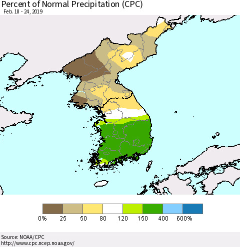 Korea Percent of Normal Precipitation (CPC) Thematic Map For 2/18/2019 - 2/24/2019