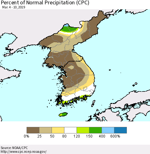 Korea Percent of Normal Precipitation (CPC) Thematic Map For 3/4/2019 - 3/10/2019