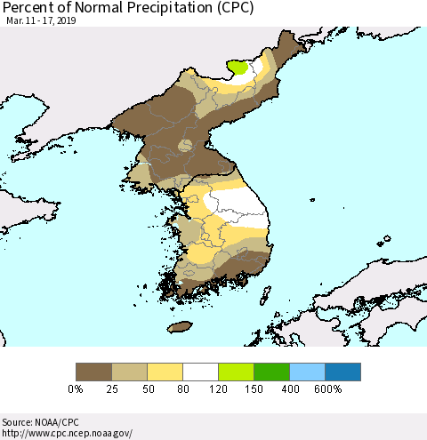 Korea Percent of Normal Precipitation (CPC) Thematic Map For 3/11/2019 - 3/17/2019