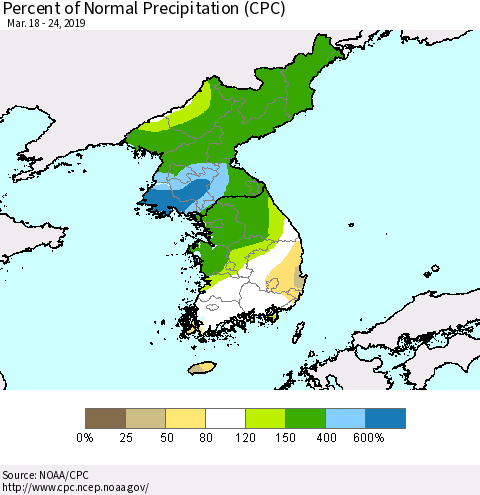 Korea Percent of Normal Precipitation (CPC) Thematic Map For 3/18/2019 - 3/24/2019
