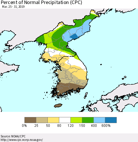 Korea Percent of Normal Precipitation (CPC) Thematic Map For 3/25/2019 - 3/31/2019