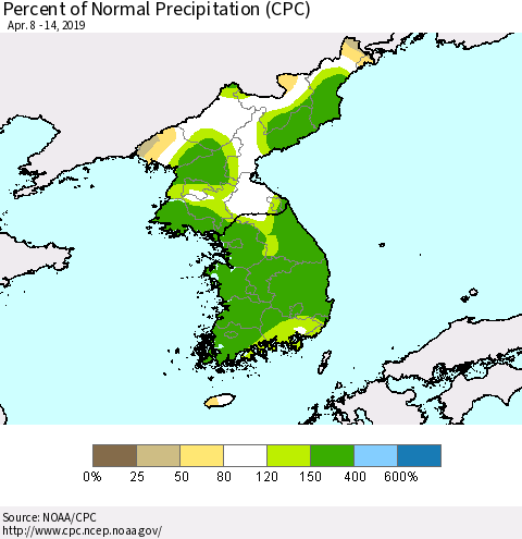 Korea Percent of Normal Precipitation (CPC) Thematic Map For 4/8/2019 - 4/14/2019