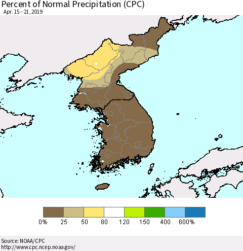 Korea Percent of Normal Precipitation (CPC) Thematic Map For 4/15/2019 - 4/21/2019