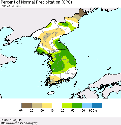 Korea Percent of Normal Precipitation (CPC) Thematic Map For 4/22/2019 - 4/28/2019