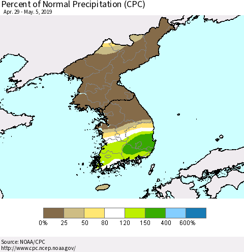 Korea Percent of Normal Precipitation (CPC) Thematic Map For 4/29/2019 - 5/5/2019