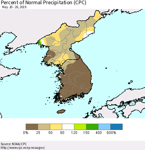 Korea Percent of Normal Precipitation (CPC) Thematic Map For 5/20/2019 - 5/26/2019