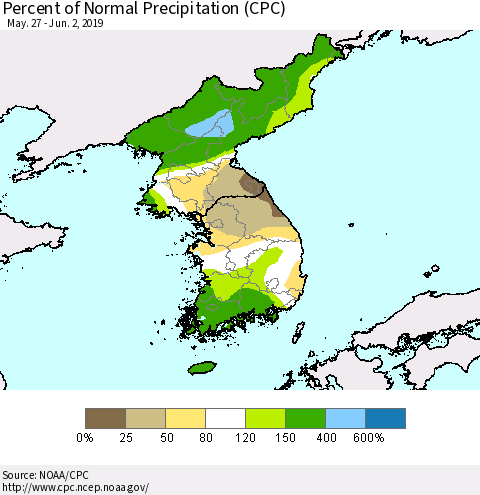 Korea Percent of Normal Precipitation (CPC) Thematic Map For 5/27/2019 - 6/2/2019