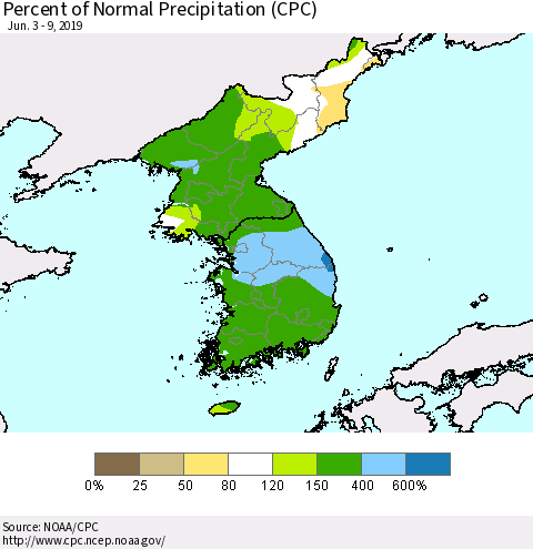 Korea Percent of Normal Precipitation (CPC) Thematic Map For 6/3/2019 - 6/9/2019
