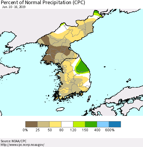 Korea Percent of Normal Precipitation (CPC) Thematic Map For 6/10/2019 - 6/16/2019