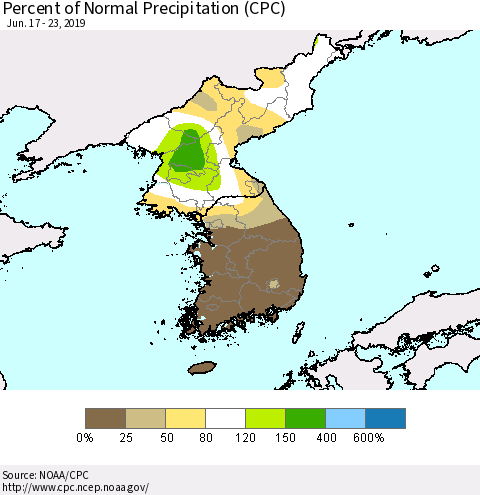 Korea Percent of Normal Precipitation (CPC) Thematic Map For 6/17/2019 - 6/23/2019