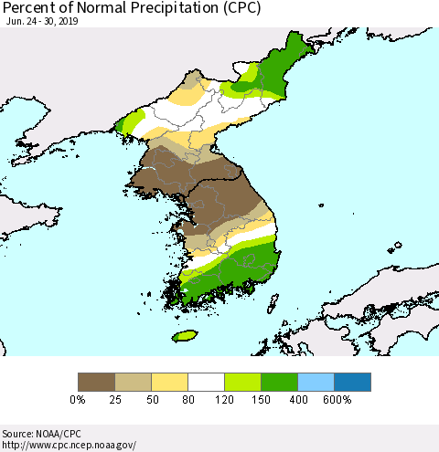 Korea Percent of Normal Precipitation (CPC) Thematic Map For 6/24/2019 - 6/30/2019