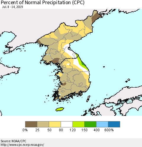 Korea Percent of Normal Precipitation (CPC) Thematic Map For 7/8/2019 - 7/14/2019