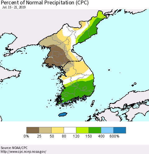 Korea Percent of Normal Precipitation (CPC) Thematic Map For 7/15/2019 - 7/21/2019