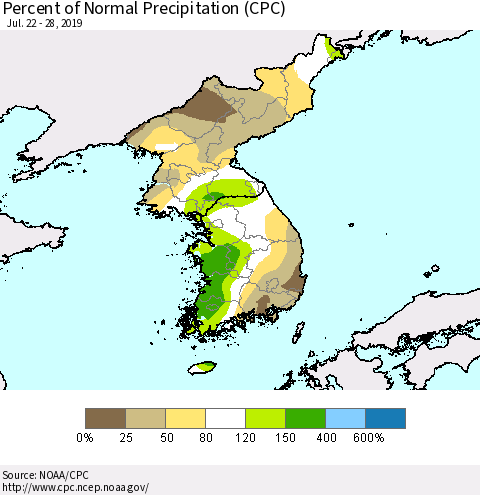 Korea Percent of Normal Precipitation (CPC) Thematic Map For 7/22/2019 - 7/28/2019