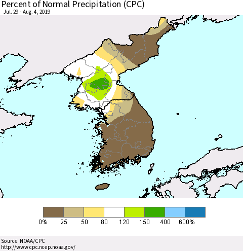 Korea Percent of Normal Precipitation (CPC) Thematic Map For 7/29/2019 - 8/4/2019
