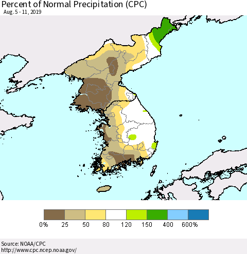 Korea Percent of Normal Precipitation (CPC) Thematic Map For 8/5/2019 - 8/11/2019