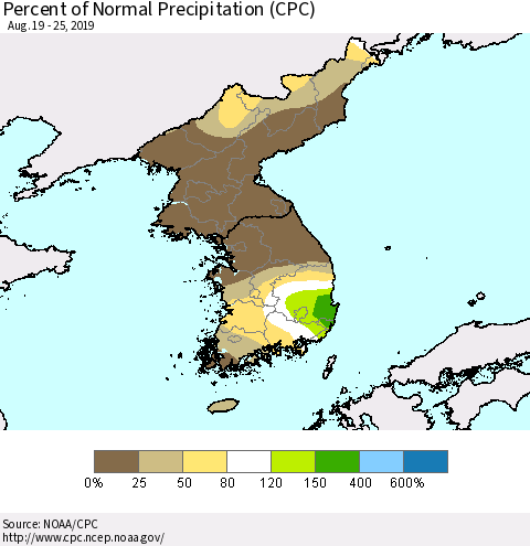 Korea Percent of Normal Precipitation (CPC) Thematic Map For 8/19/2019 - 8/25/2019