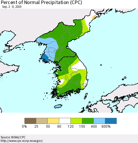 Korea Percent of Normal Precipitation (CPC) Thematic Map For 9/2/2019 - 9/8/2019