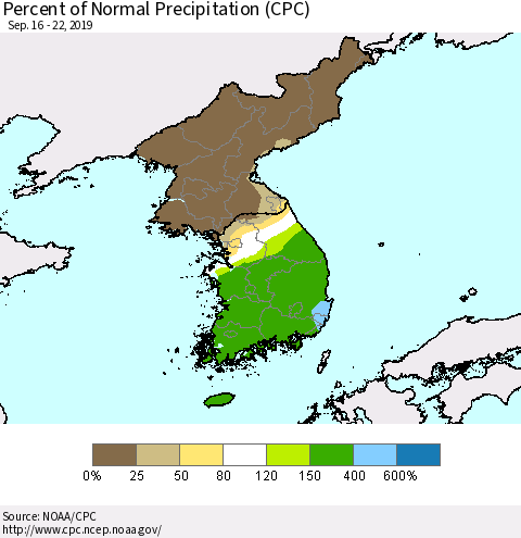 Korea Percent of Normal Precipitation (CPC) Thematic Map For 9/16/2019 - 9/22/2019
