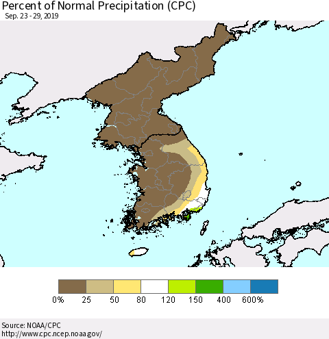 Korea Percent of Normal Precipitation (CPC) Thematic Map For 9/23/2019 - 9/29/2019